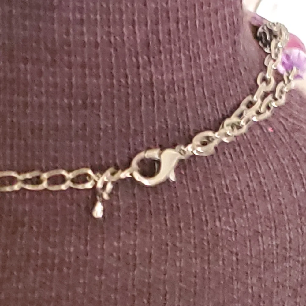 Gunmetal double strand necklace with purple seed bead bows and marble look beads